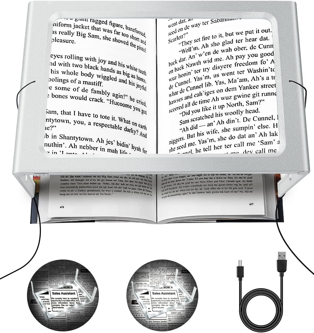 5X Large Page Magnifying Glass for Reading, Full-Page Viewing Area Magnifier Handheld Lightweight Magnifier for Reading Seniors and Low Vision Person Silver