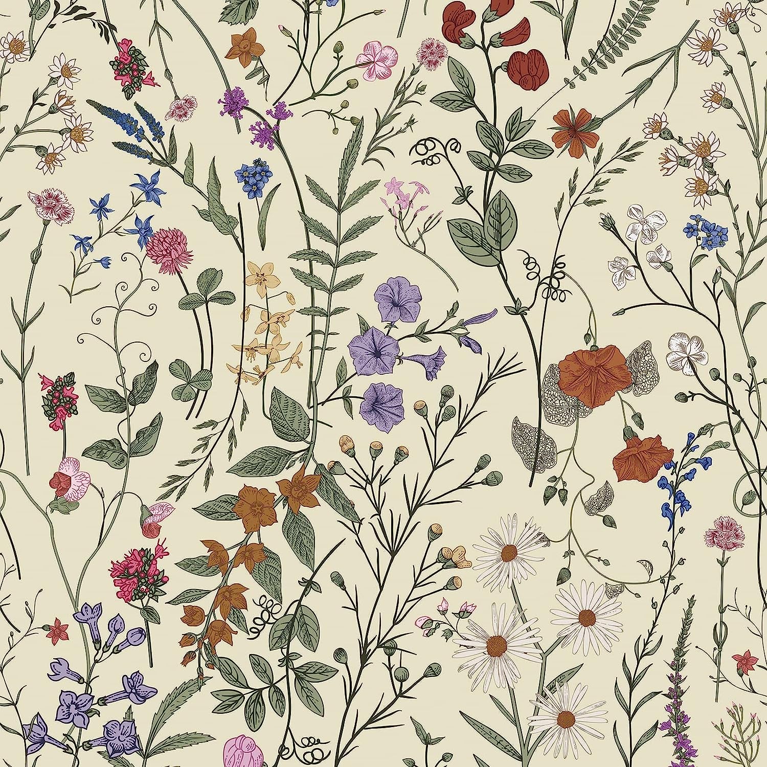 Floral Wallpaper Peel and Stick- Farm Floral Wall Wallpaper, Wildwood Wallpaper Daisy Flower Wallpaper Dark Floral Contact Paper Stick on Wallpaper (17.3" X 118", Timeless)