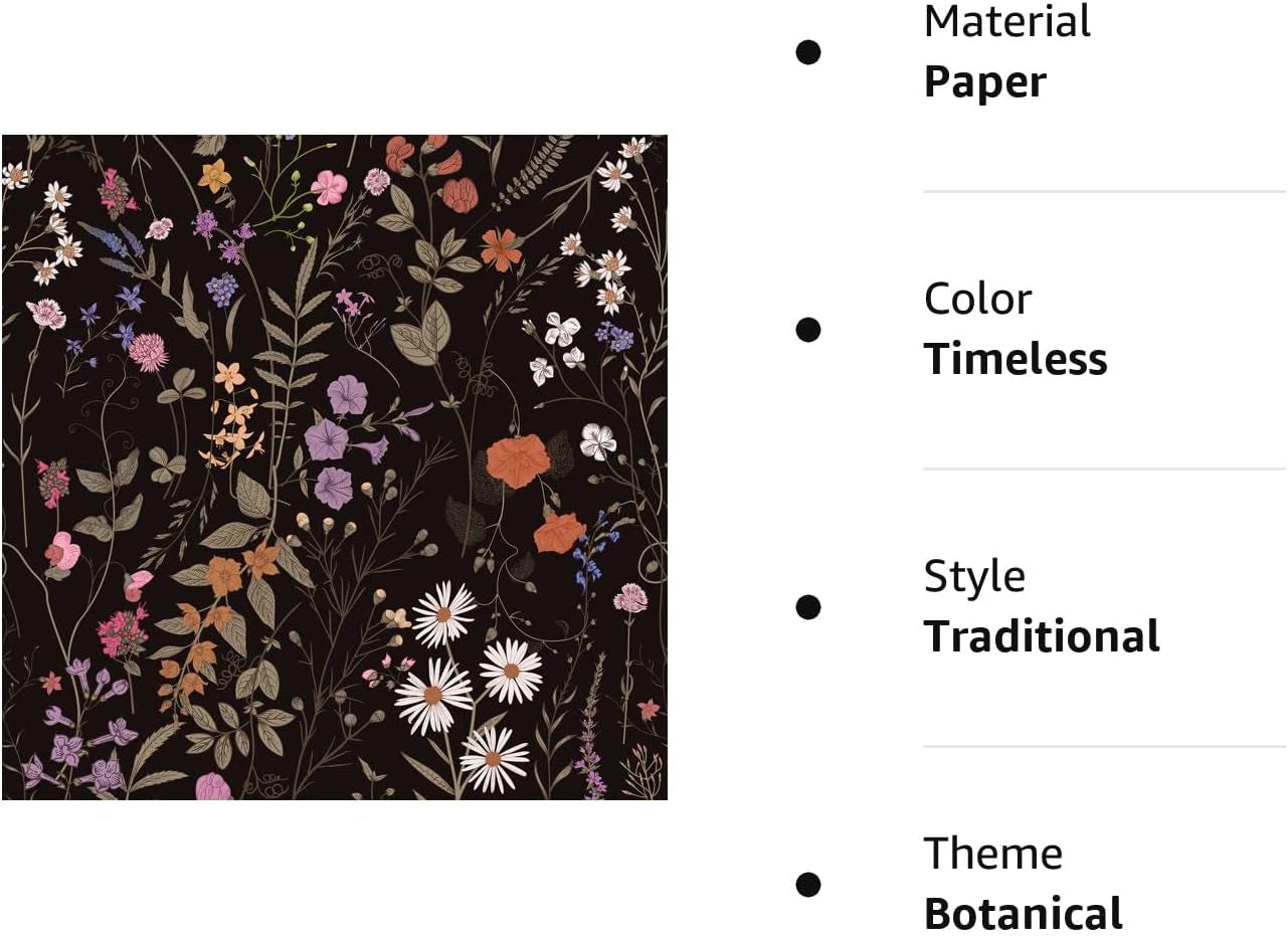 Floral Wallpaper Peel and Stick- Farm Floral Wall Wallpaper, Wildwood Wallpaper Daisy Flower Wallpaper Dark Floral Contact Paper Stick on Wallpaper (17.3" X 118", Timeless)