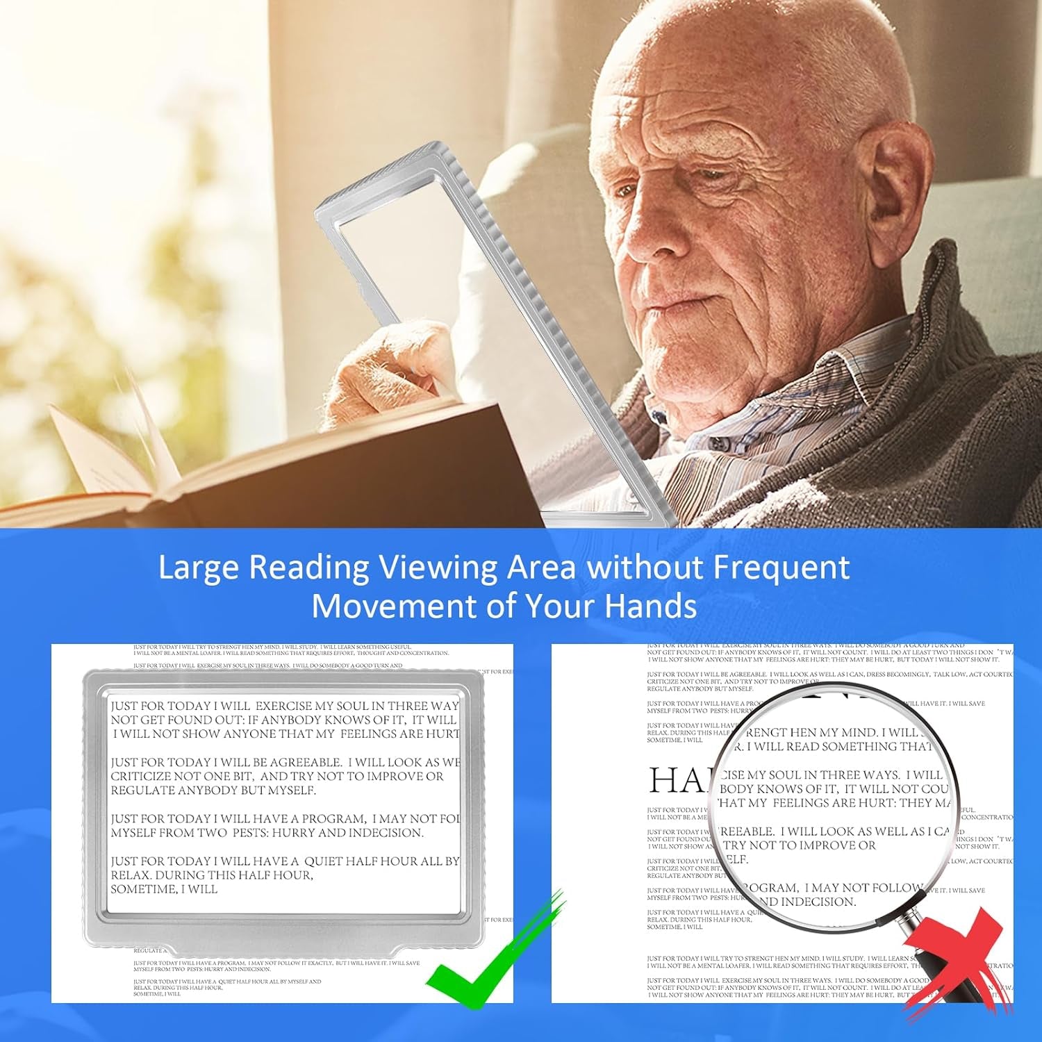 5X Large Page Magnifying Glass for Reading, Full-Page Viewing Area Magnifier Handheld Lightweight Magnifier for Reading Seniors and Low Vision Person Silver