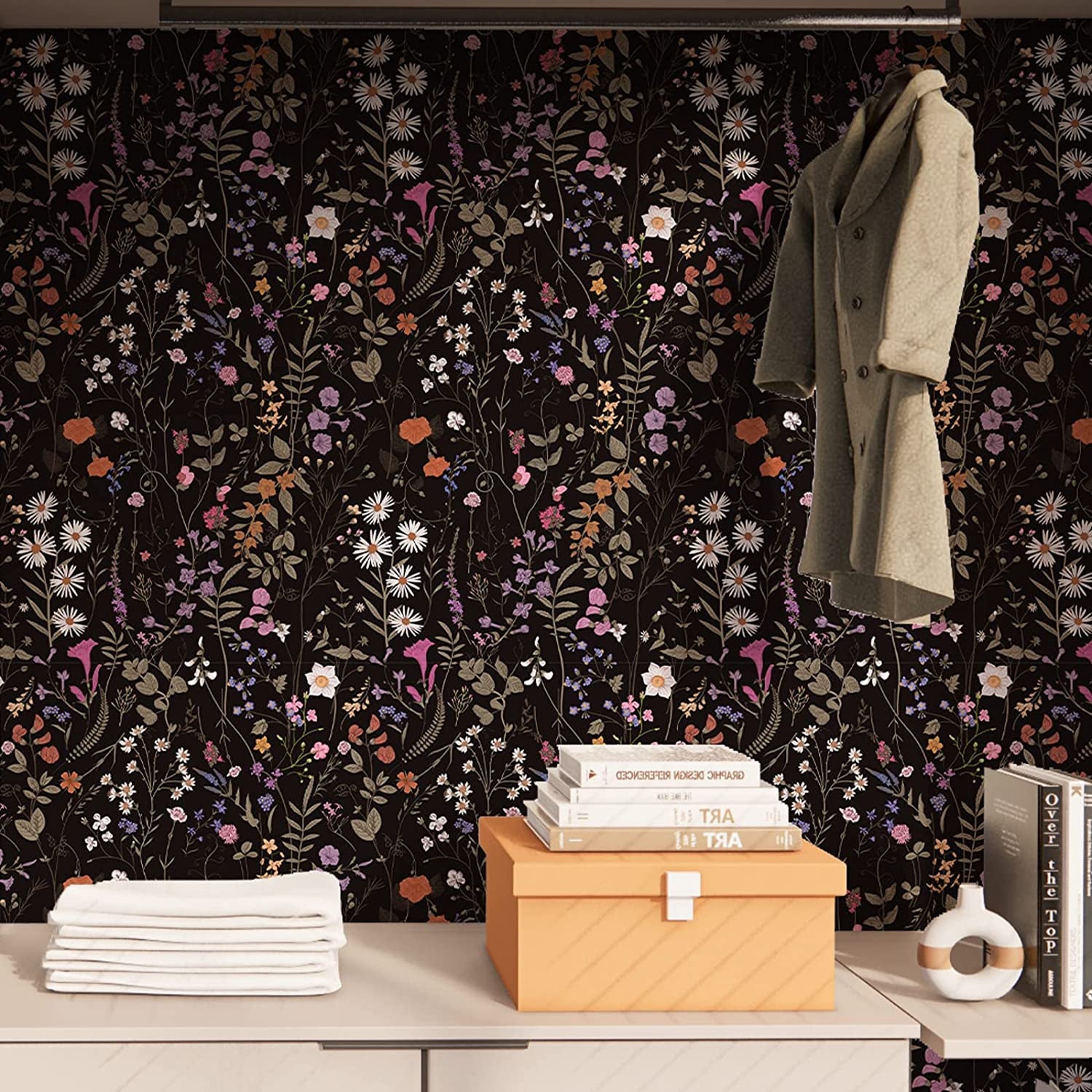 Floral Wallpaper Peel and Stick- Farm Floral Wall Wallpaper, Wildwood Wallpaper Daisy Flower Wallpaper Dark Floral Contact Paper Stick on Wallpaper (17.3" X 118", Timeless)
