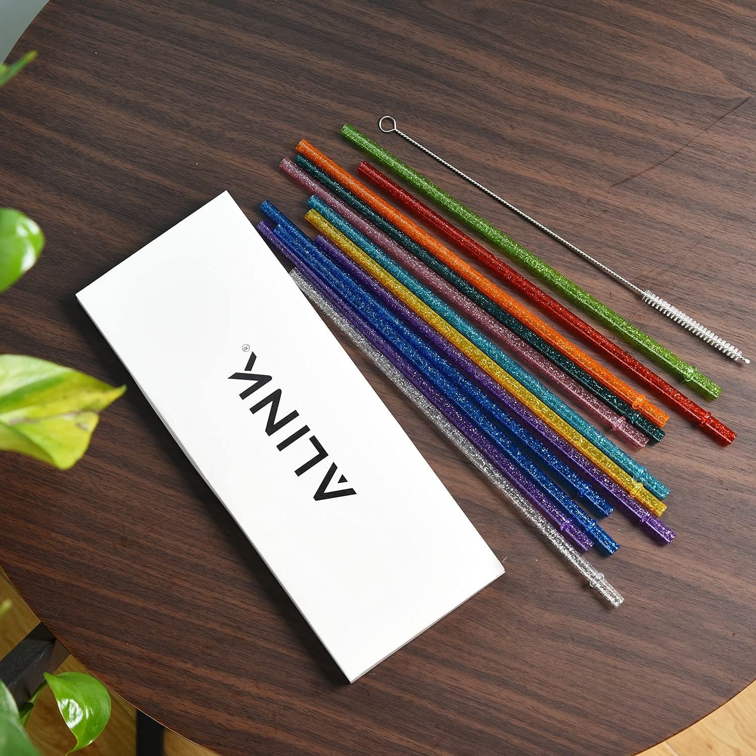 ALINK 12-Pack Glitter Reusable Clear Plastic Straws, 11" Long Hard Tumbler Drinking Straws with Cleaning Brush (10 Colors)