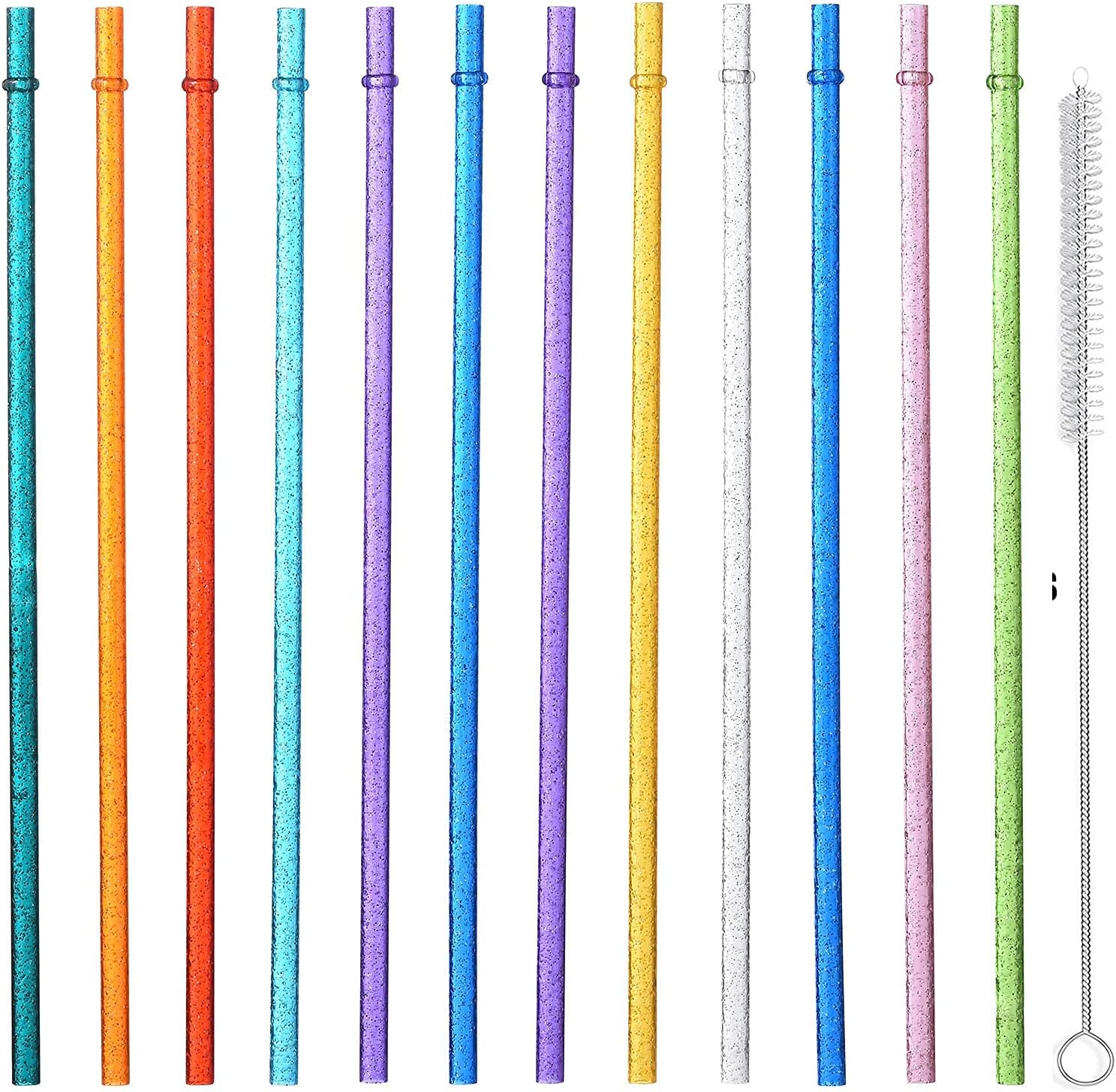 ALINK 12-Pack Glitter Reusable Clear Plastic Straws, 11" Long Hard Tumbler Drinking Straws with Cleaning Brush (10 Colors)