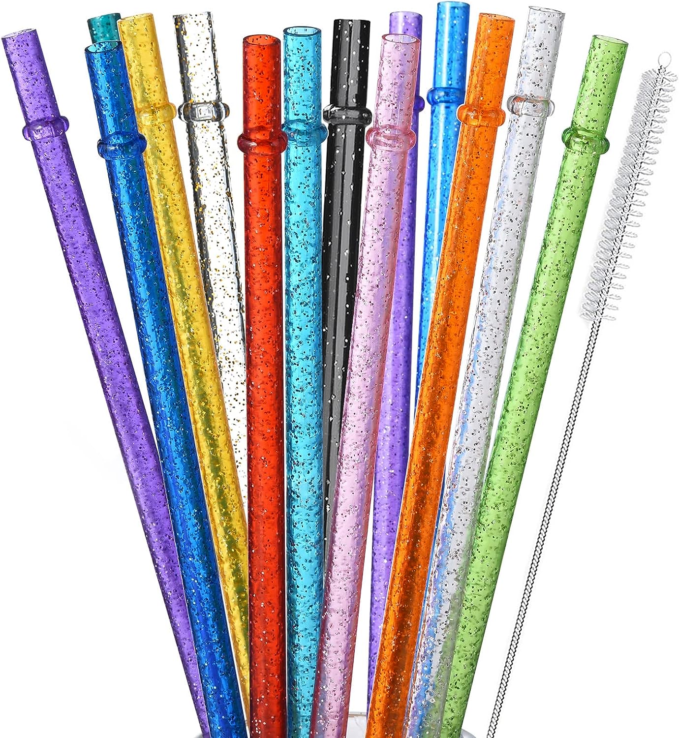ALINK 12-Pack Glitter Reusable Clear Plastic Straws, 11" Long Hard Tumbler Drinking Straws with Cleaning Brush (10 Colors)