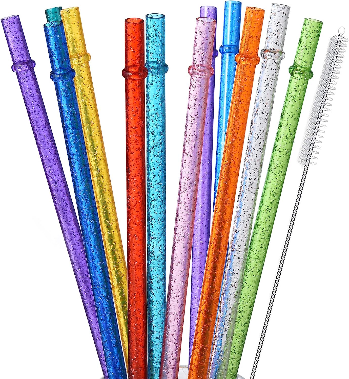 ALINK 12-Pack Glitter Reusable Clear Plastic Straws, 11" Long Hard Tumbler Drinking Straws with Cleaning Brush (10 Colors)