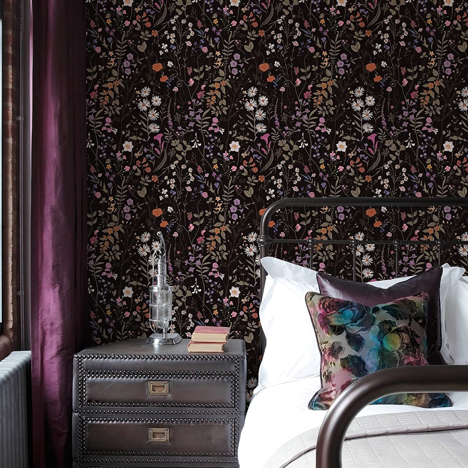 Floral Wallpaper Peel and Stick- Farm Floral Wall Wallpaper, Wildwood Wallpaper Daisy Flower Wallpaper Dark Floral Contact Paper Stick on Wallpaper (17.3" X 118", Timeless)