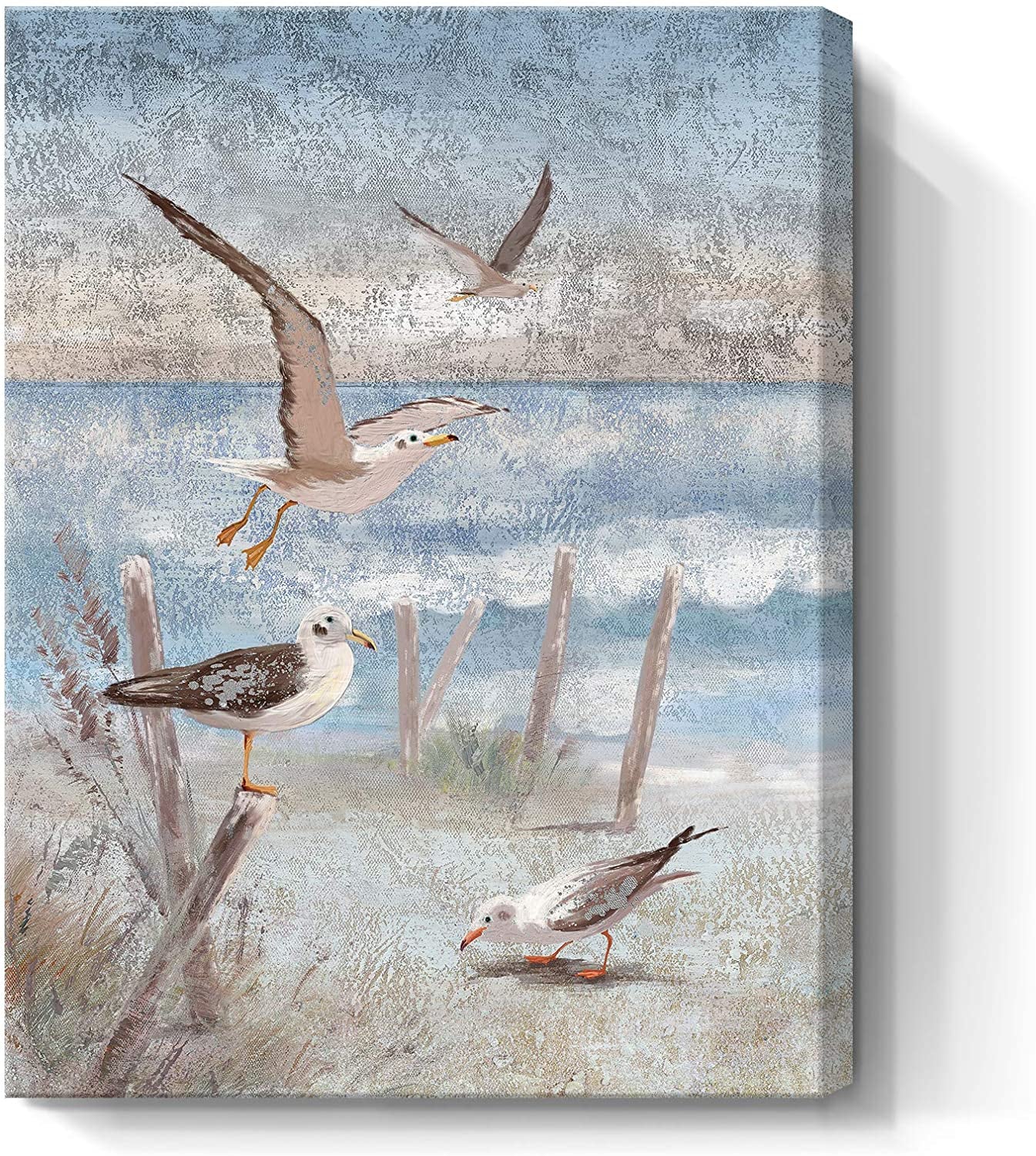 Beach Wall Art Bathroom Decor Ocean Theme Canvas Print Coastal Painting Perching Bird by the Sea Shore Abstract Seascape Picture Framed Artwork for Bedroom Living Room Office Ready to Hang 12X16Inch