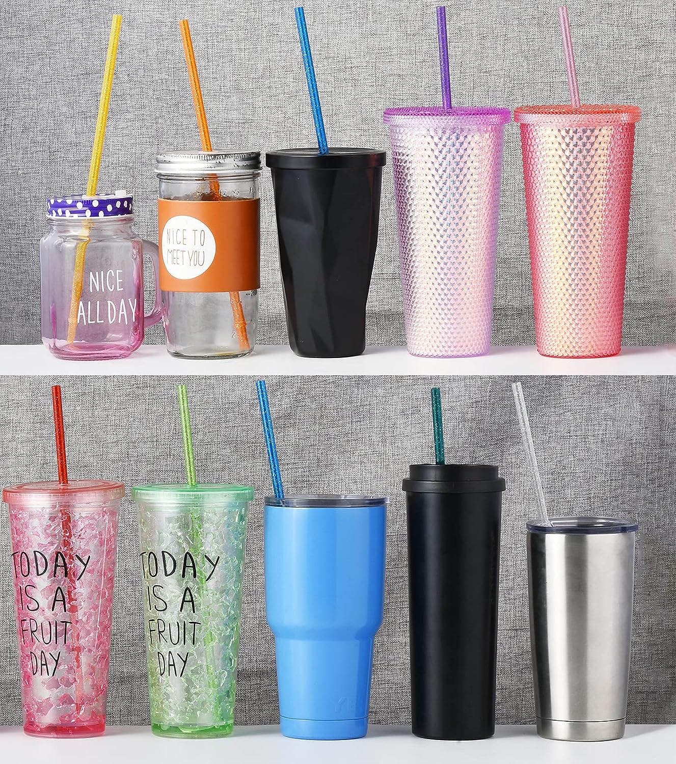 ALINK 12-Pack Glitter Reusable Clear Plastic Straws, 11" Long Hard Tumbler Drinking Straws with Cleaning Brush (10 Colors)