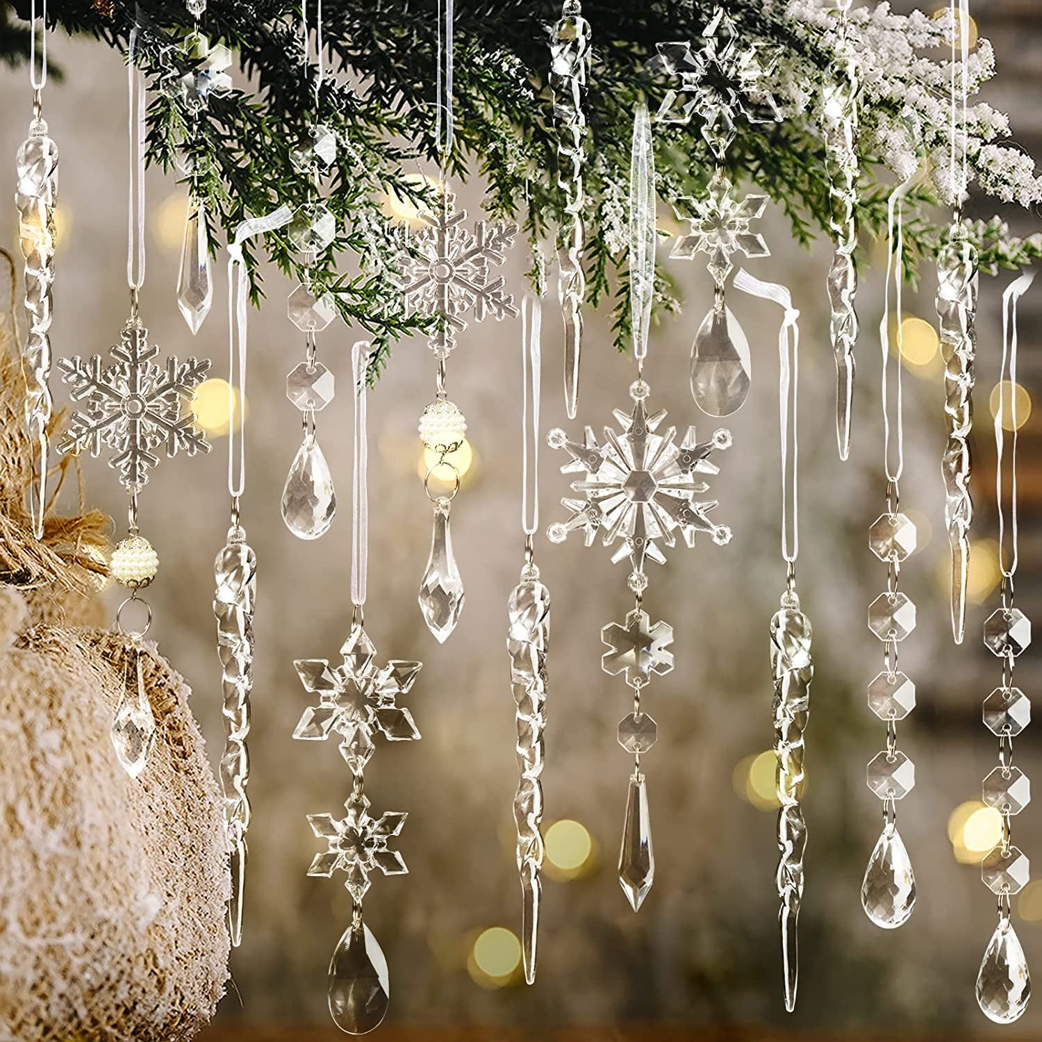 18Pcs Christmas Tree Decoration Crystal Ornaments - Hanging Acrylic Christmas Snowflake Icicle Drop Crystal Ornaments for Christmas Tree Winter New Year Party Supplies