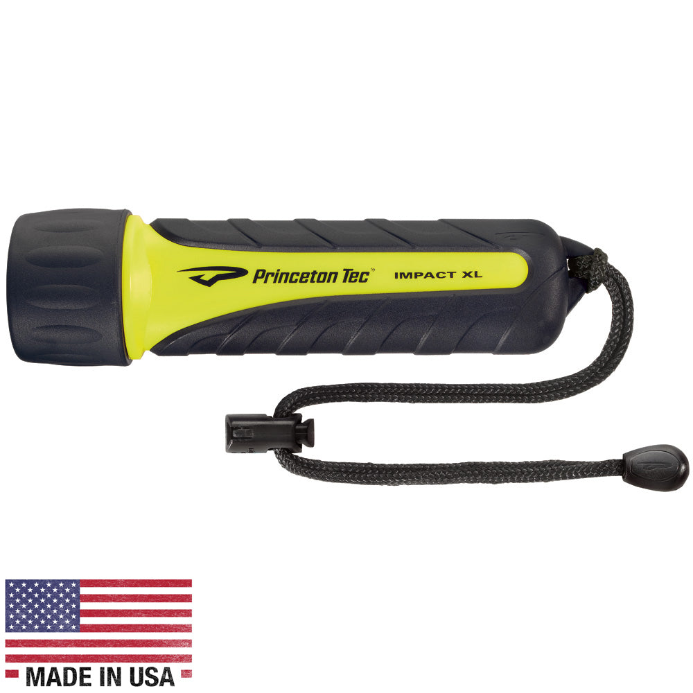 A Princeton Tec IMPACT XL LED Light - Neon Yellow flashlight with an american flag on it.