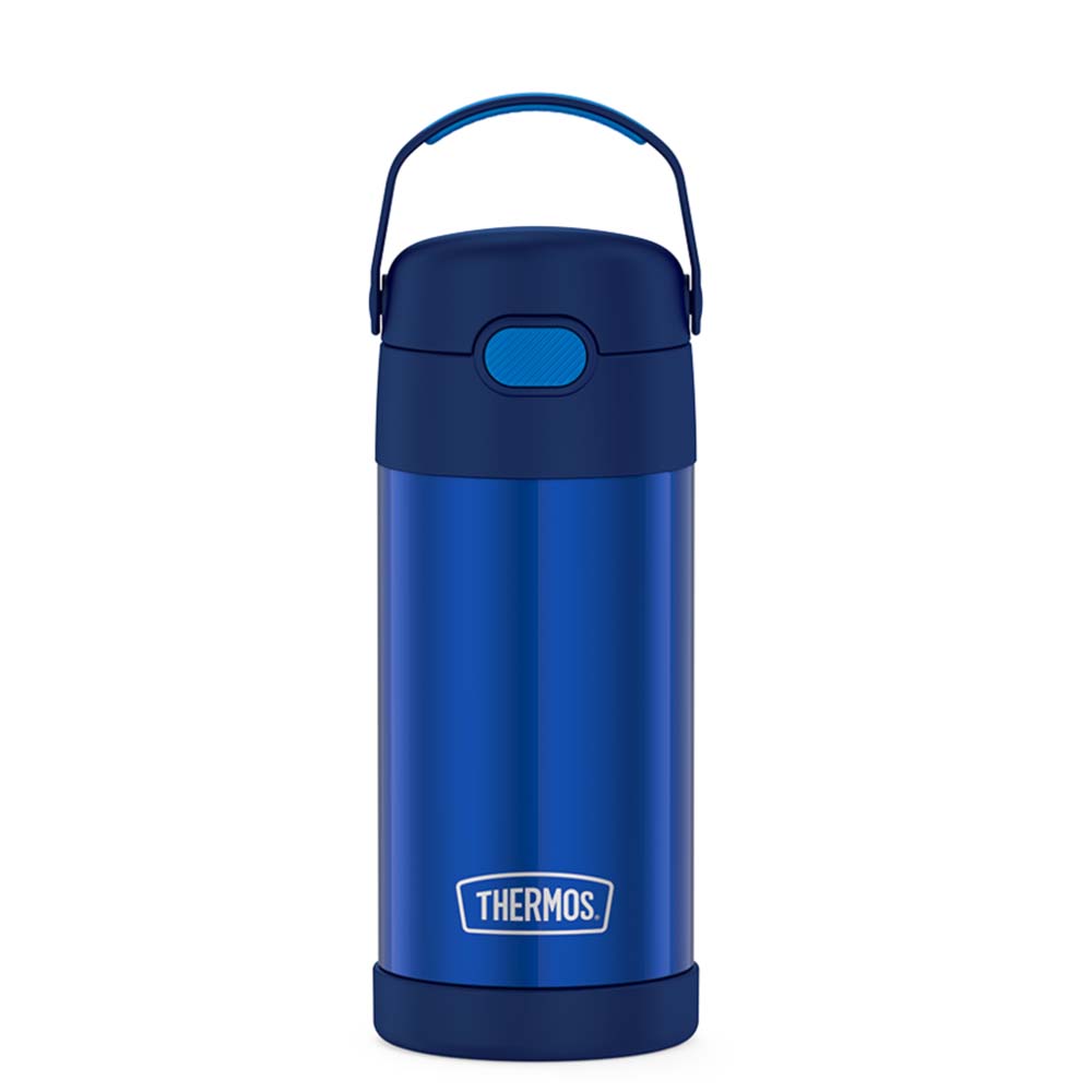 A Thermos FUNtainer® Stainless Steel Insulated Straw Bottle - 12oz - Navy on a white background.