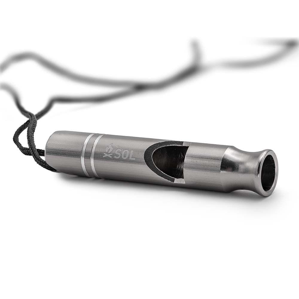 A pair of S.O.L. Survive Outdoors Longer Rescue Metal Whistle- 2 Pack fishing rods on a white background.
