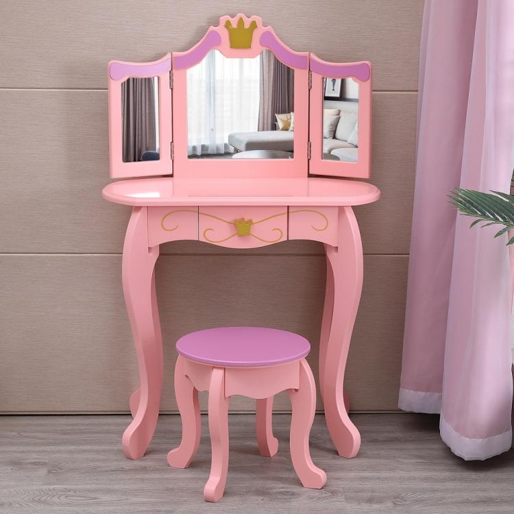 A ModernMazing Children Three Foldable Mirrors Curved Legs Single Drawer Dressing Table, Table Size vanity set with a mirror and stool.