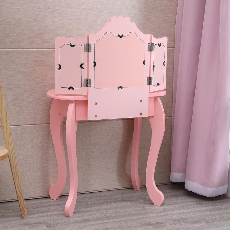 A ModernMazing Children Three Foldable Mirrors Curved Legs Single Drawer Dressing Table, Table Size vanity set with a mirror and stool.