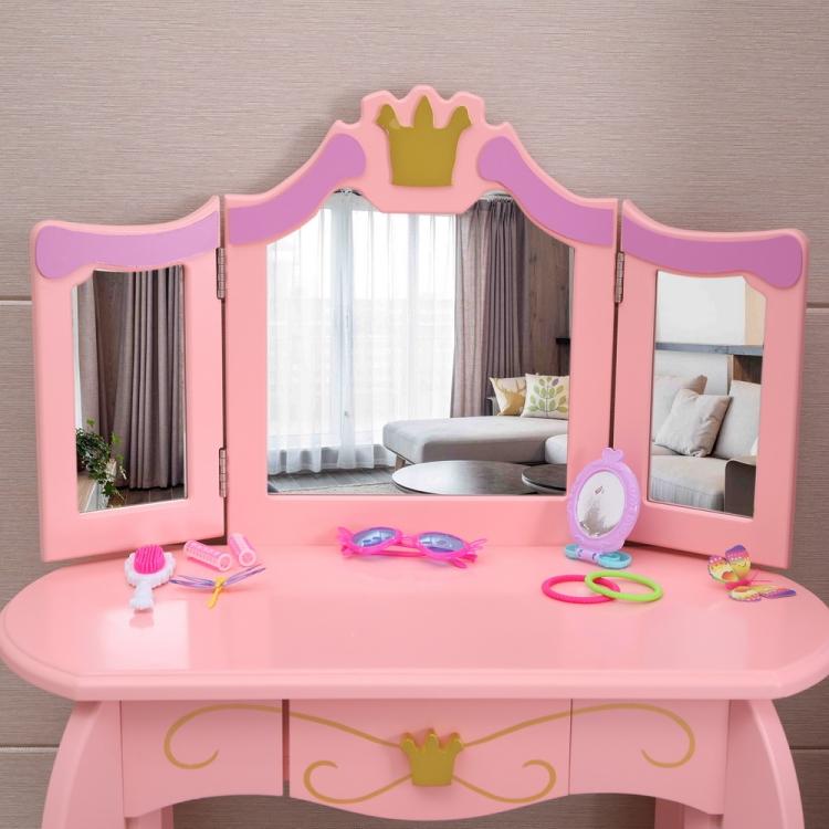A ModernMazing Children Three Foldable Mirrors Curved Legs Single Drawer Dressing Table, Table Size vanity set with a mirror and stool.