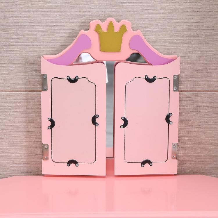 A ModernMazing Children Three Foldable Mirrors Curved Legs Single Drawer Dressing Table, Table Size vanity set with a mirror and stool.