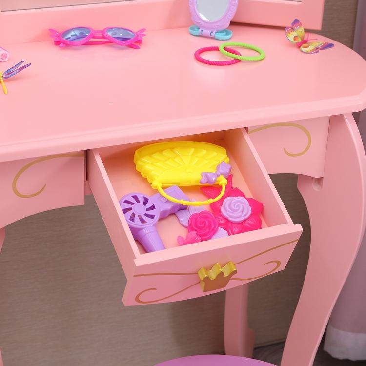 A ModernMazing Children Three Foldable Mirrors Curved Legs Single Drawer Dressing Table, Table Size vanity set with a mirror and stool.