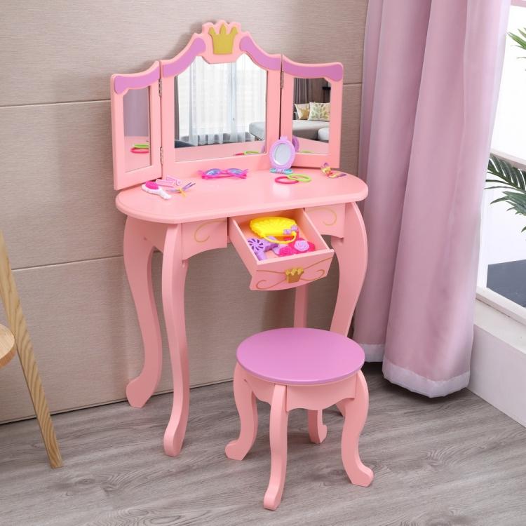 A ModernMazing Children Three Foldable Mirrors Curved Legs Single Drawer Dressing Table, Table Size vanity set with a mirror and stool.