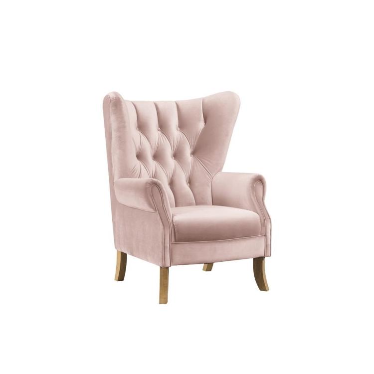A pink Wooden Velvet Gaming Chair with wooden legs.
