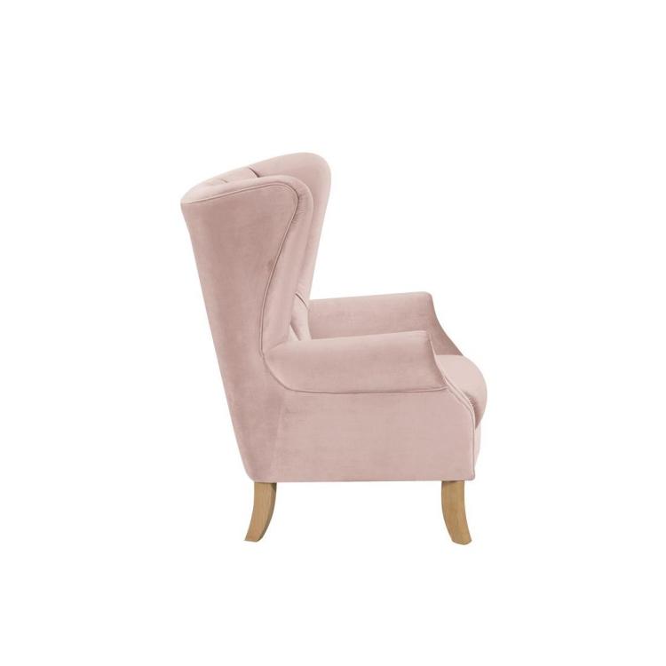A pink Wooden Velvet Gaming Chair with wooden legs.