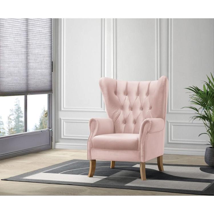 A pink Wooden Velvet Gaming Chair with wooden legs.