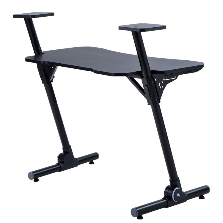 A black ModernMazing Z-Shaped Home Office Computer Gaming Desk Workstation with Carbon Fiber Surface and two legs.