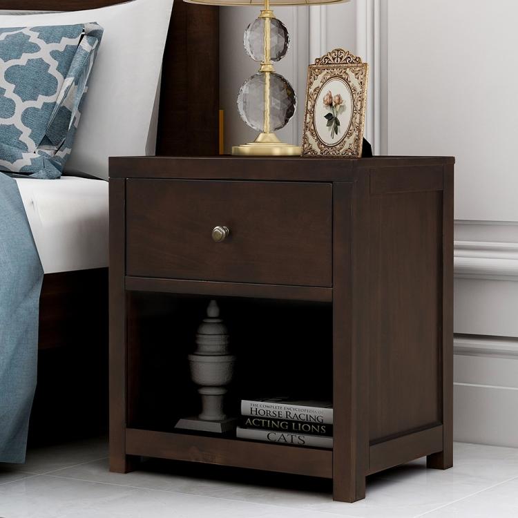A ModernMazing Retro Solid Wood Bedside Table with Drawer & Open Shelf, Size: 25, with a lamp and nightstand.
