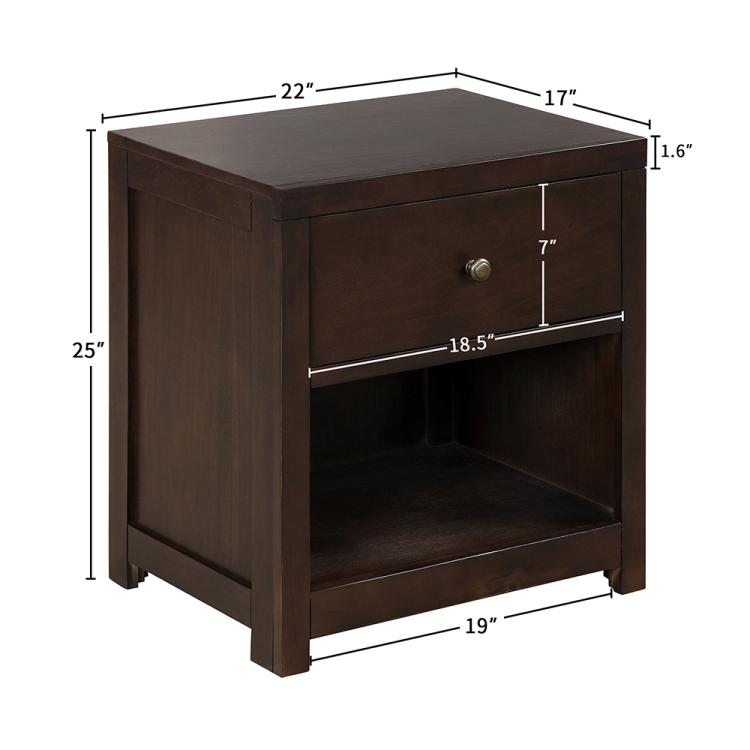 A ModernMazing Retro Solid Wood Bedside Table with Drawer & Open Shelf, Size: 25, with a lamp and nightstand.