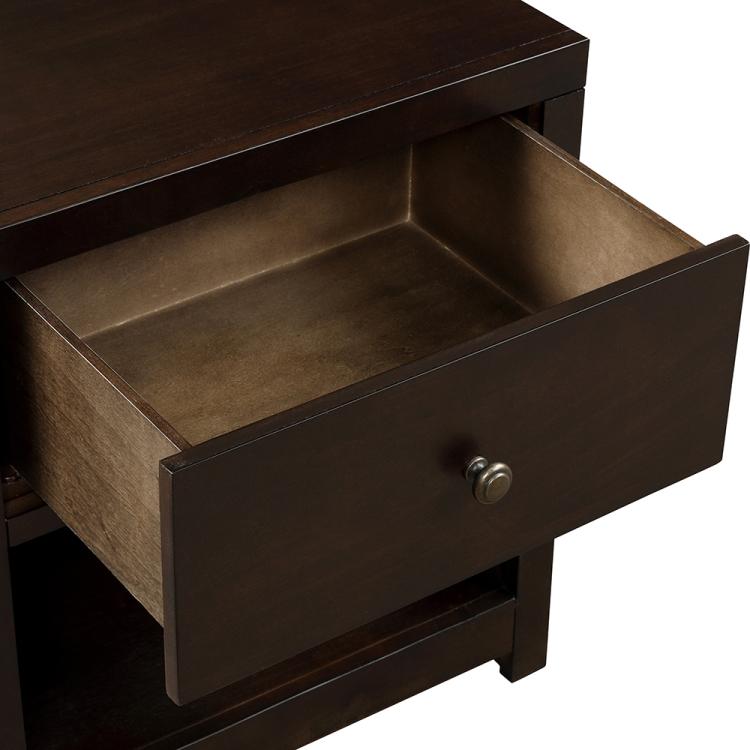 A ModernMazing Retro Solid Wood Bedside Table with Drawer & Open Shelf, Size: 25, with a lamp and nightstand.