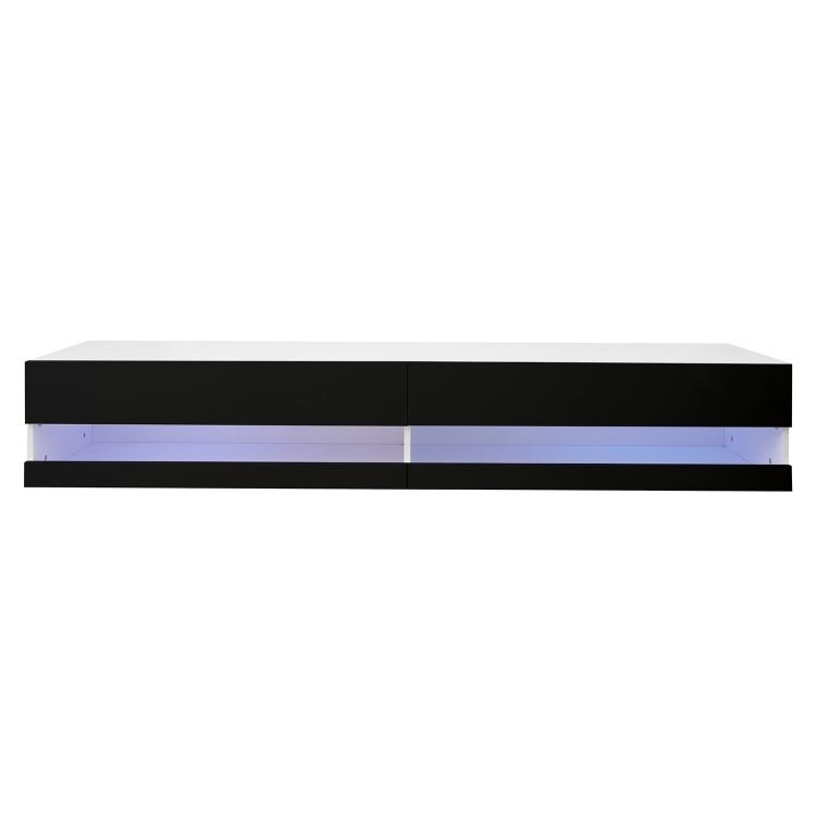 A ModernMazing Wall Mounted Floating TV Stand Cabinet with LED Light, Size: 70.9x16.5x11.8 inch(Black+MDF) with a blue led light.