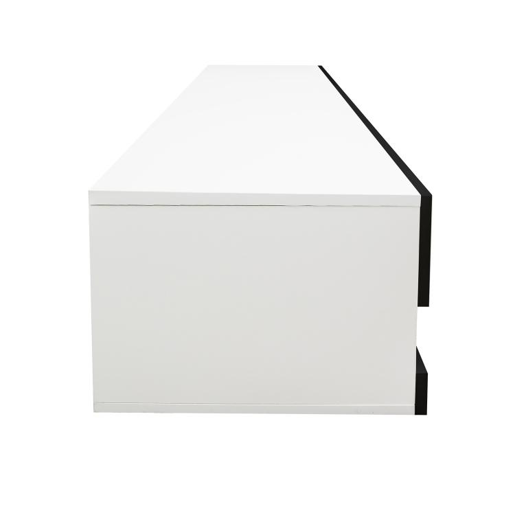 A ModernMazing Wall Mounted Floating TV Stand Cabinet with LED Light, Size: 70.9x16.5x11.8 inch(Black+MDF) with a blue led light.
