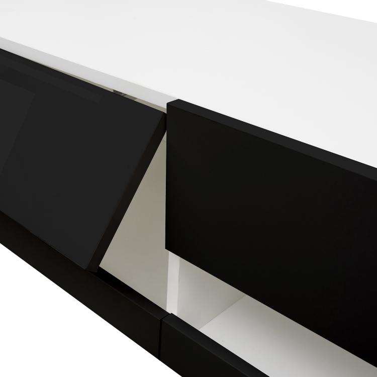 A ModernMazing Wall Mounted Floating TV Stand Cabinet with LED Light, Size: 70.9x16.5x11.8 inch(Black+MDF) with a blue led light.