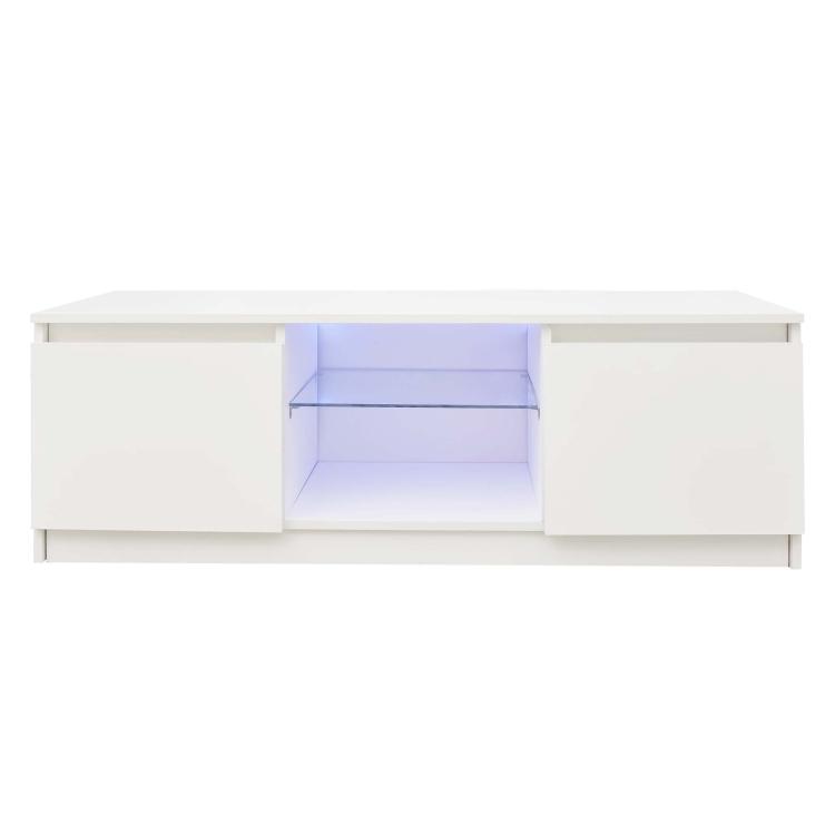 A Simpleness Creative Furniture High-Gloss TV Cabinet with LED Lights, Size: 47.24x15.75x15.75 inch(White) with blue led lights.