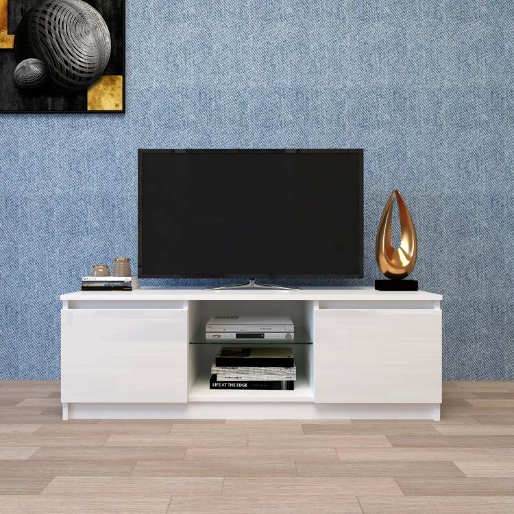 A Simpleness Creative Furniture High-Gloss TV Cabinet with LED Lights, Size: 47.24x15.75x15.75 inch(White) with blue led lights.