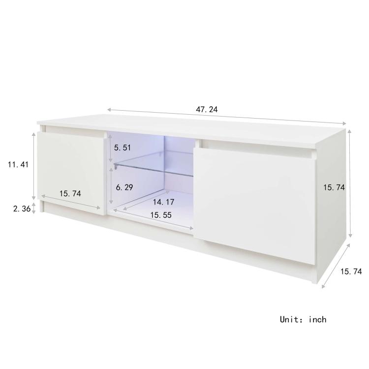 A Simpleness Creative Furniture High-Gloss TV Cabinet with LED Lights, Size: 47.24x15.75x15.75 inch(White) with blue led lights.