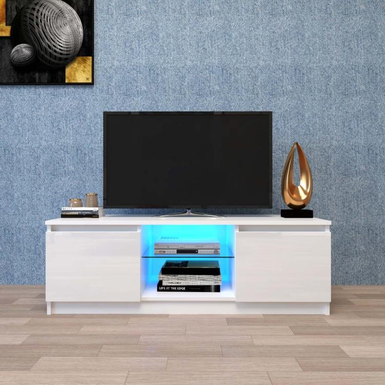 A Simpleness Creative Furniture High-Gloss TV Cabinet with LED Lights, Size: 47.24x15.75x15.75 inch(White) with blue led lights.