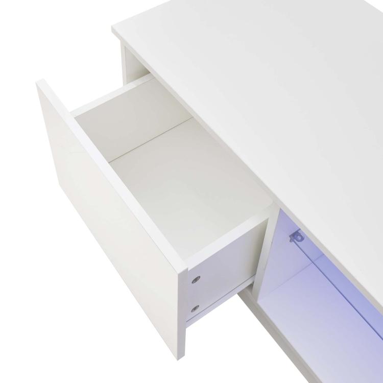 A Simpleness Creative Furniture High-Gloss TV Cabinet with LED Lights, Size: 47.24x15.75x15.75 inch(White) with blue led lights.