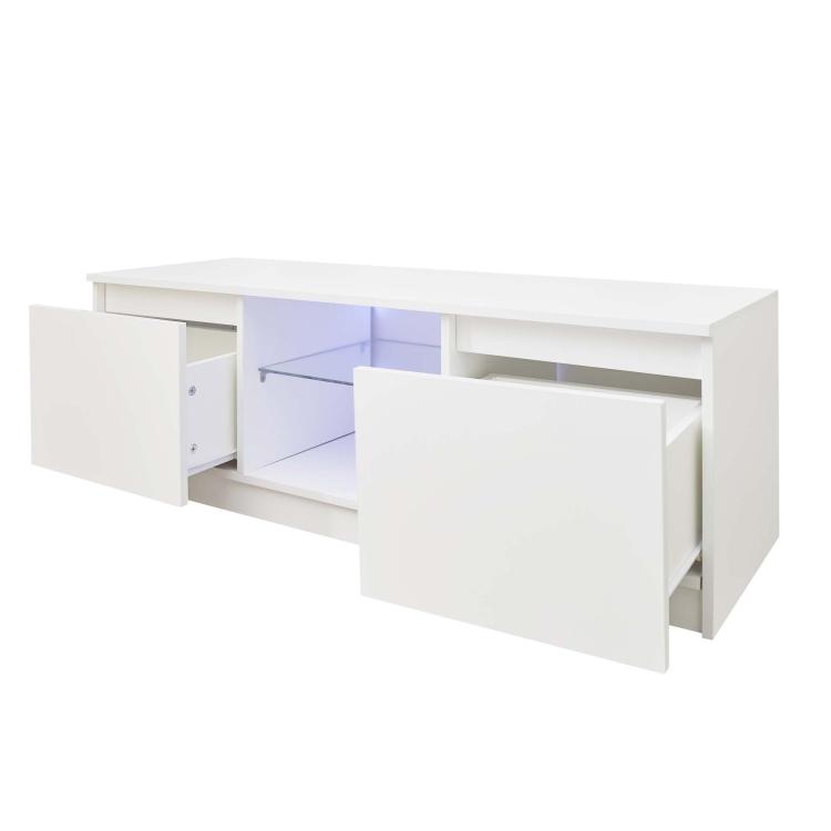 A Simpleness Creative Furniture High-Gloss TV Cabinet with LED Lights, Size: 47.24x15.75x15.75 inch(White) with blue led lights.