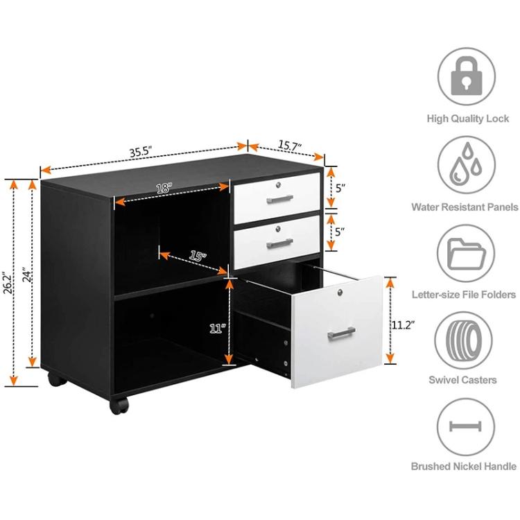 A ModernMazing Wood Office File Cabinet, Size: 35.5x15.7x26 inch on wheels.