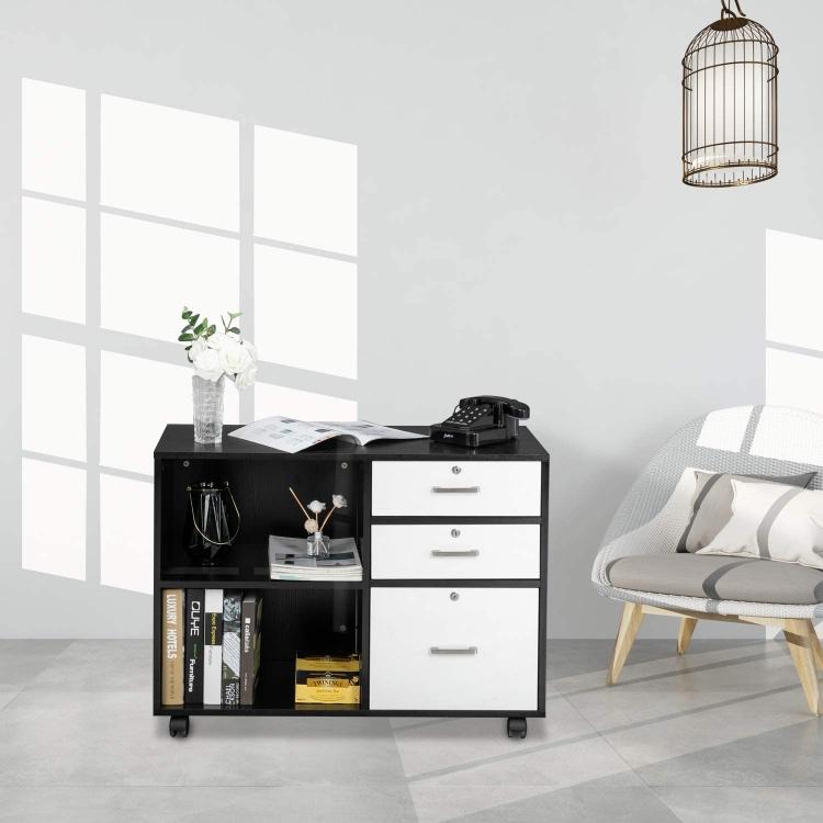 A ModernMazing Wood Office File Cabinet, Size: 35.5x15.7x26 inch on wheels.