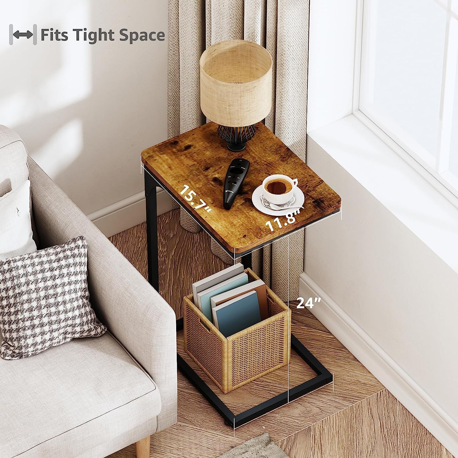 C Table End Table Set of 2 Couch Side Tables C Shaped Living Room Sets Bedroom Farmhouse, Rustic Brown (017-30BN)