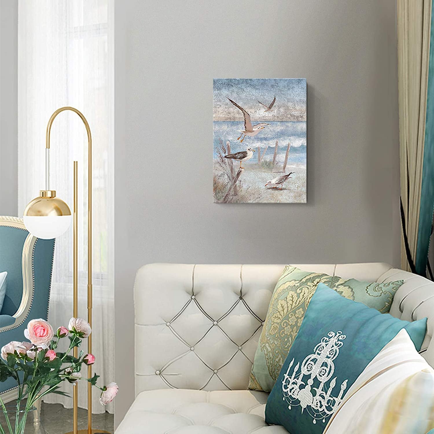 Beach Wall Art Bathroom Decor Ocean Theme Canvas Print Coastal Painting Perching Bird by the Sea Shore Abstract Seascape Picture Framed Artwork for Bedroom Living Room Office Ready to Hang 12X16Inch