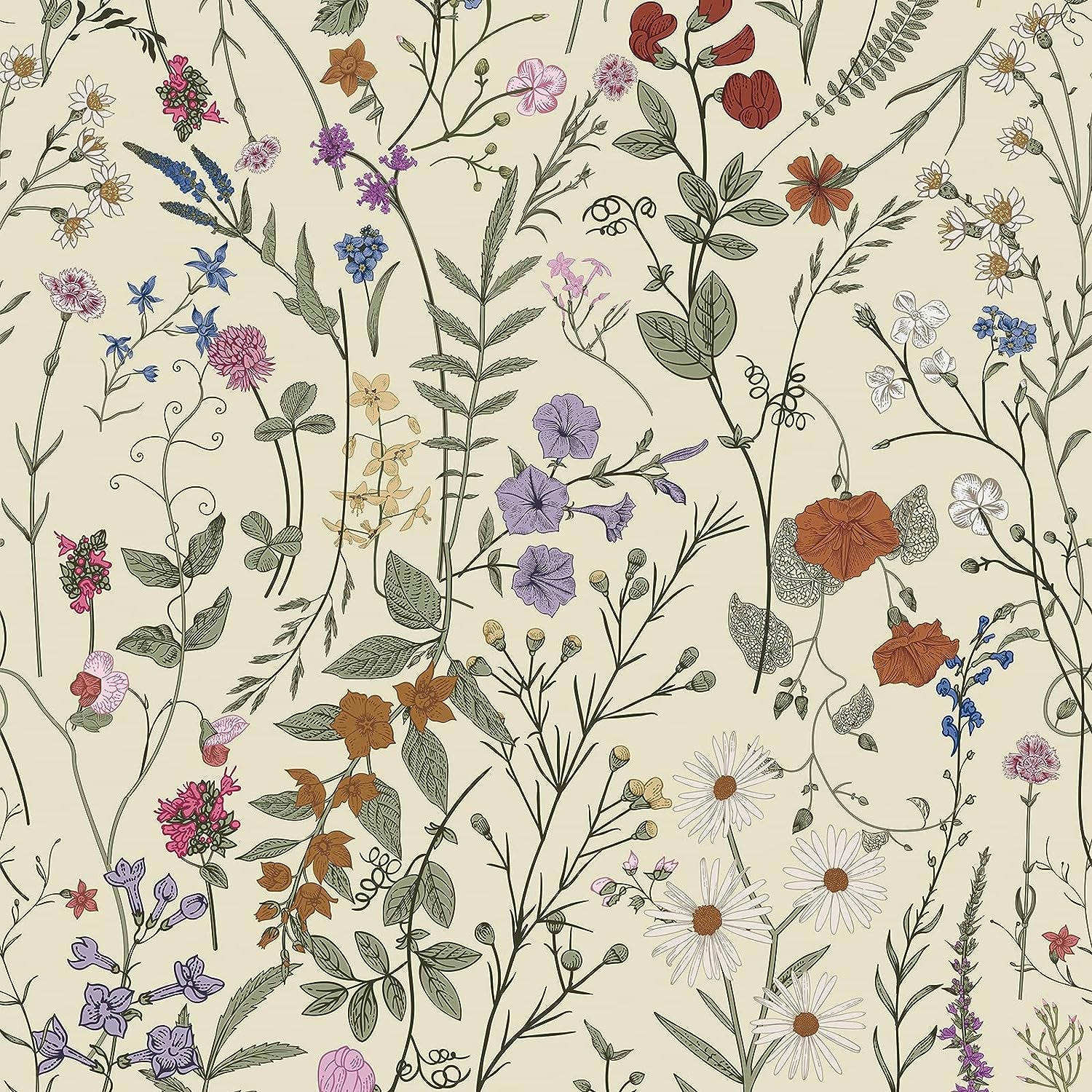 Floral Wallpaper Peel and Stick- Farm Floral Wall Wallpaper, Wildwood Wallpaper Daisy Flower Wallpaper Dark Floral Contact Paper Stick on Wallpaper (17.3" X 118", Timeless)