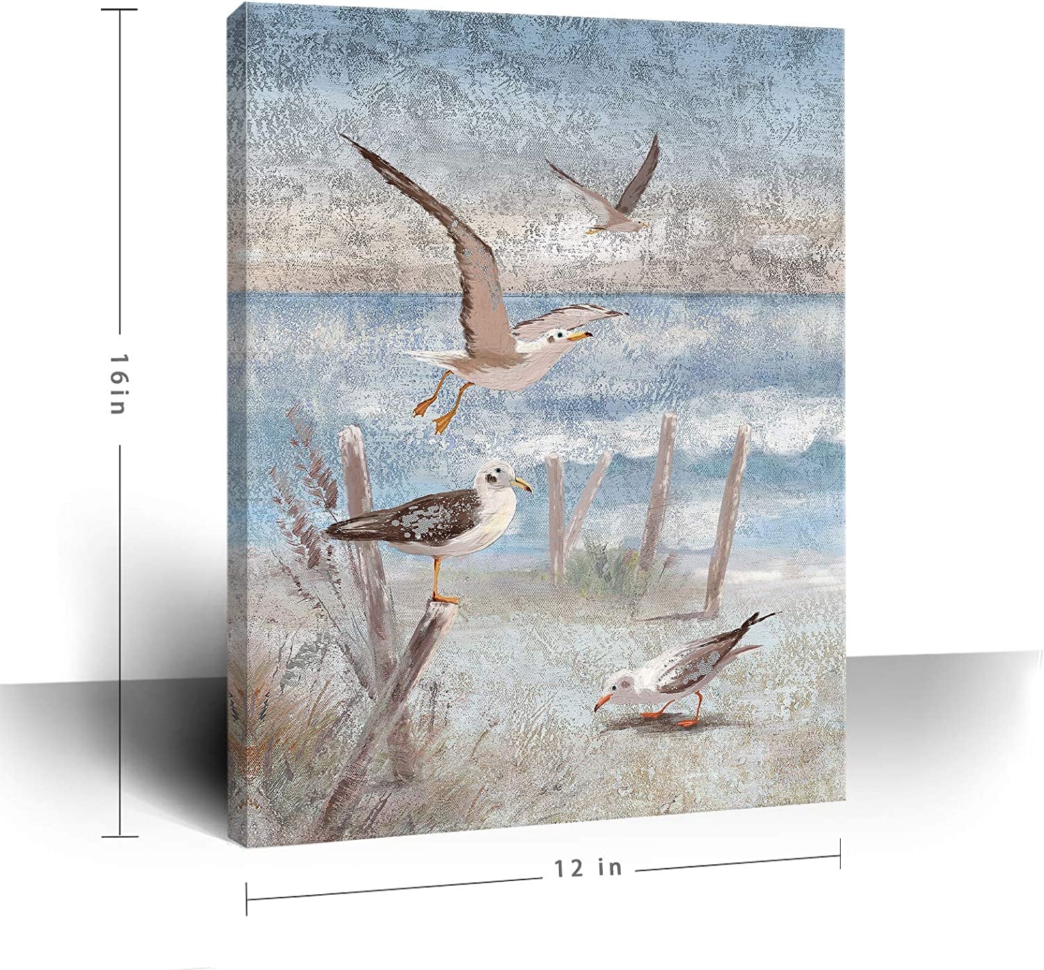 Beach Wall Art Bathroom Decor Ocean Theme Canvas Print Coastal Painting Perching Bird by the Sea Shore Abstract Seascape Picture Framed Artwork for Bedroom Living Room Office Ready to Hang 12X16Inch