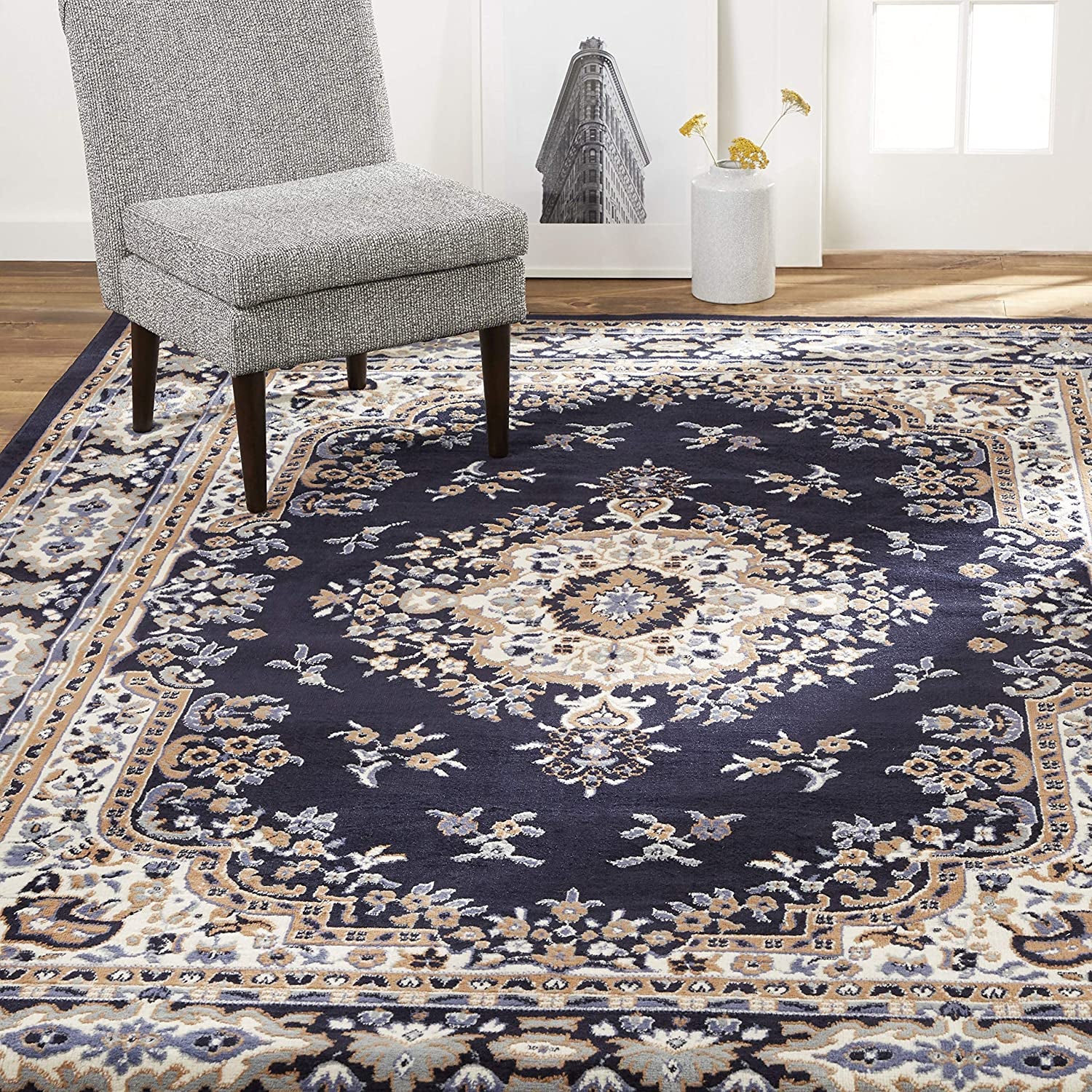Premium Sakarya Traditional Medallion Border Area Rug, Navy Blue, 21"X35" Rectangle