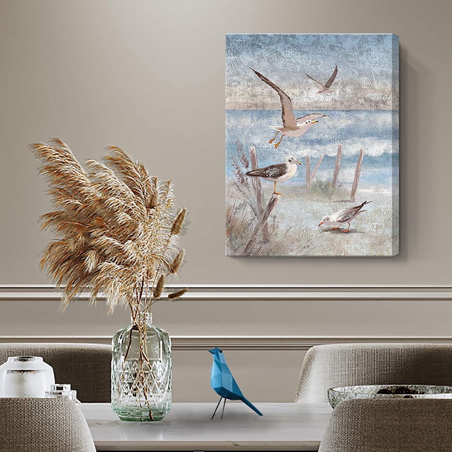 Beach Wall Art Bathroom Decor Ocean Theme Canvas Print Coastal Painting Perching Bird by the Sea Shore Abstract Seascape Picture Framed Artwork for Bedroom Living Room Office Ready to Hang 12X16Inch
