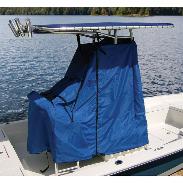 A Taylor Made Universal T-Top Center Console Cover - Blue on a boat.
