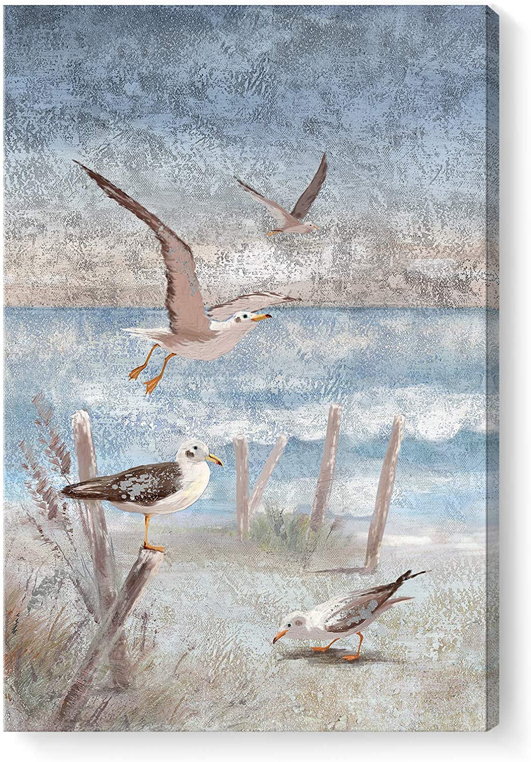 Beach Wall Art Bathroom Decor Ocean Theme Canvas Print Coastal Painting Perching Bird by the Sea Shore Abstract Seascape Picture Framed Artwork for Bedroom Living Room Office Ready to Hang 12X16Inch