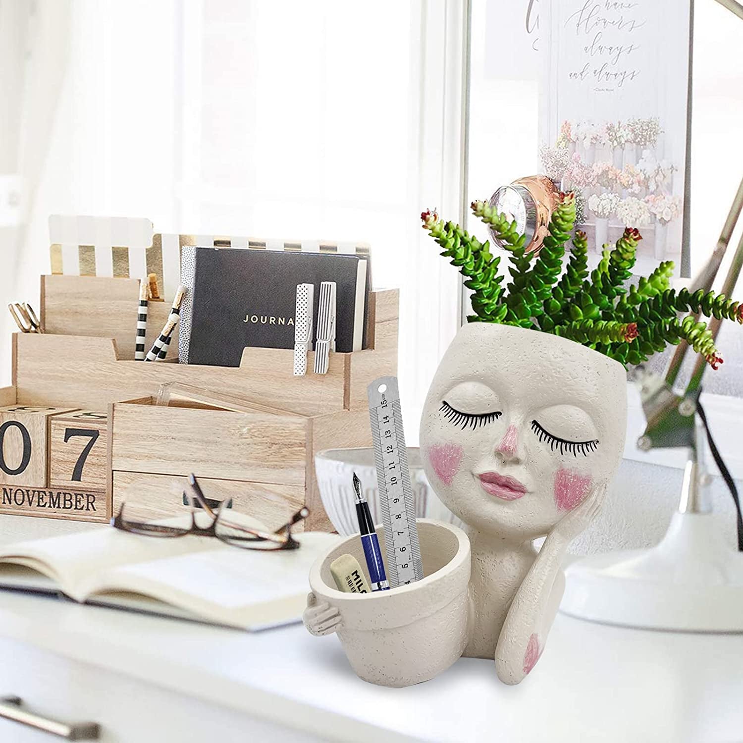 Face Plant Pot - Double Flower Pots for Indoor Outdoor Plants Resin Head Planter with Drainage Hole Cute Lady Face Plant Pots, Garden Decoration Planters, Medium