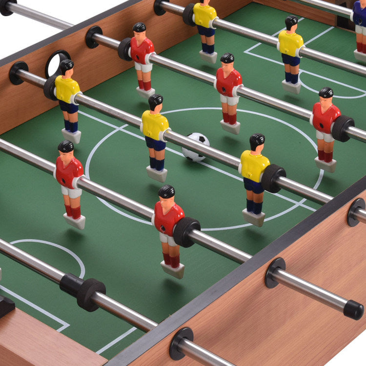 A Family Fun Games Indoor/Outdoor Competition Game Soccer Table with a white background, featuring a MDF frame and steel rods.